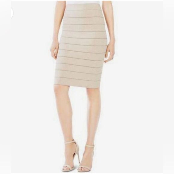 BCBG XS Cream Metallic Gold Bandage Bodycon High Waist Pull On Pencil Skirt - Picture 1 of 10